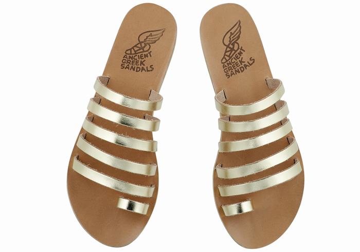 Women Ancient Greek Sandals Niki Leather Toe-Post Sandals Gold White | JYM9413JL