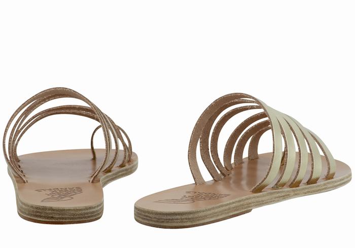 Women Ancient Greek Sandals Niki Leather Toe-Post Sandals Gold White | JYM9413JL