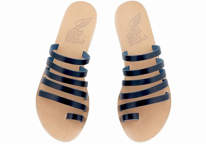 Women Ancient Greek Sandals Niki Leather Toe-Post Sandals Dark Blue | KQH619LZ