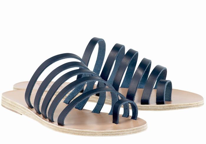 Women Ancient Greek Sandals Niki Leather Toe-Post Sandals Dark Blue | KQH619LZ