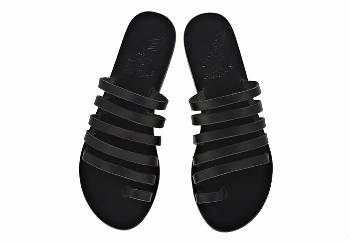 Women Ancient Greek Sandals Niki Leather Toe-Post Sandals Black | HAC7390KF