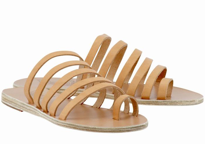 Women Ancient Greek Sandals Niki Leather Toe-Post Sandals Beige | CFO4013TW