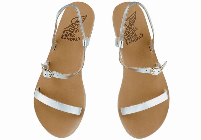 Women Ancient Greek Sandals Niove Leather Back-Strap Sandals Silver | ZDL5475OZ