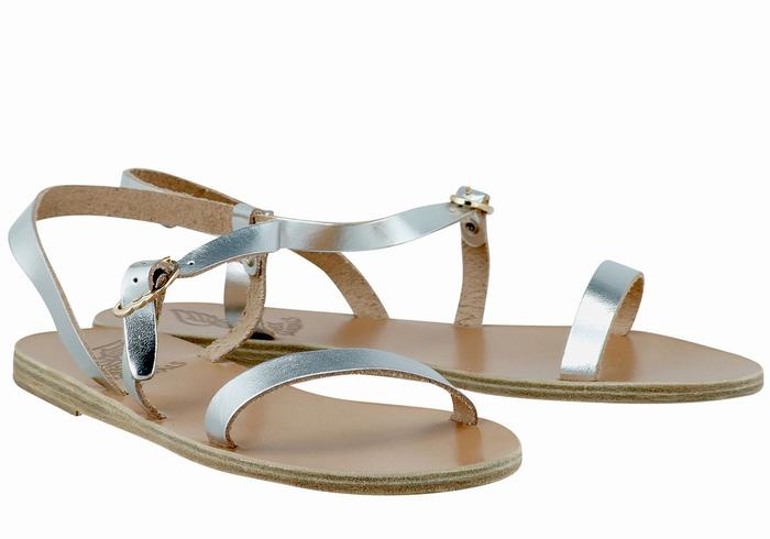 Women Ancient Greek Sandals Niove Leather Back-Strap Sandals Silver | ZDL5475OZ