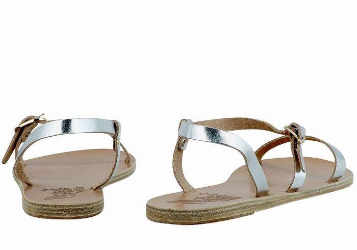 Women Ancient Greek Sandals Niove Leather Back-Strap Sandals Silver | ZDL5475OZ