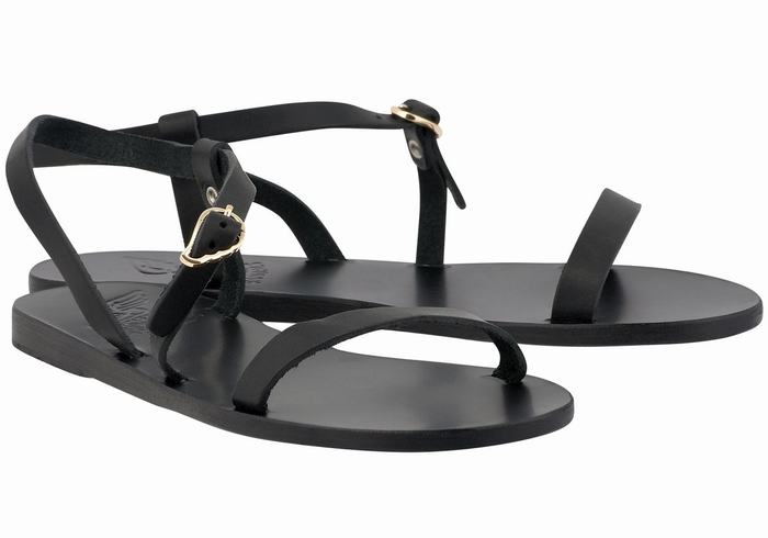 Women Ancient Greek Sandals Niove Leather Back-Strap Sandals Black | WLU8578NF