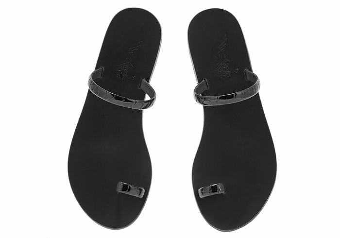 Women Ancient Greek Sandals Ophion Toe-Post Sandals Black | JAI9178YO