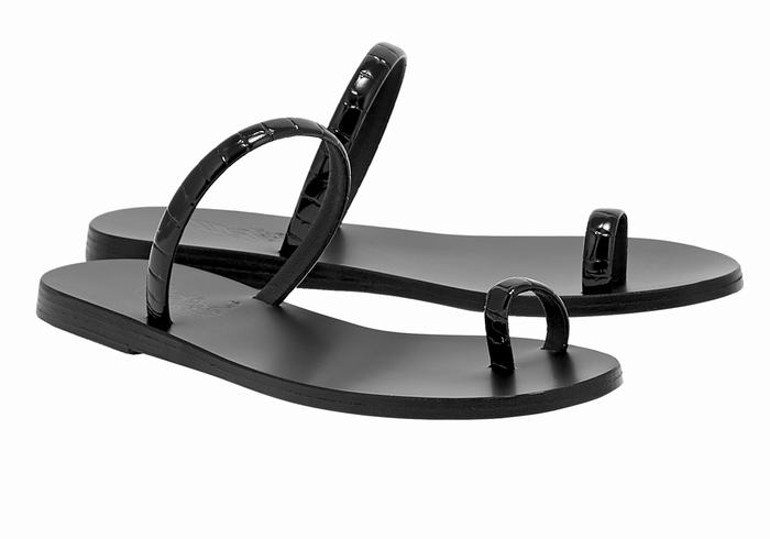 Women Ancient Greek Sandals Ophion Toe-Post Sandals Black | JAI9178YO