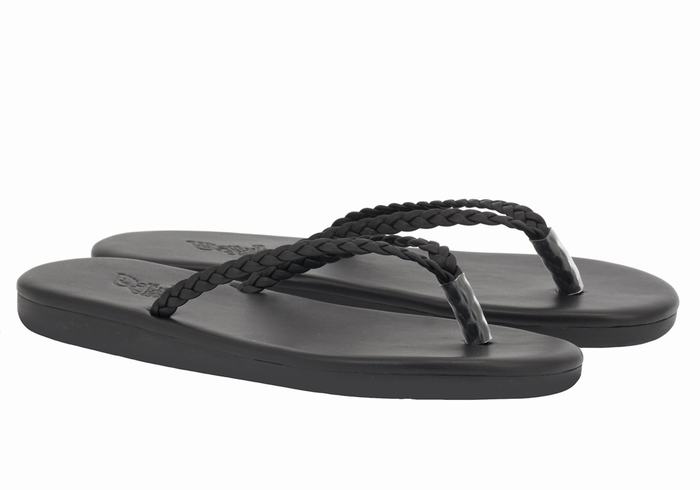 Women Ancient Greek Sandals Plage Flip Flop Braided Sandals Black | VGC6919ZB