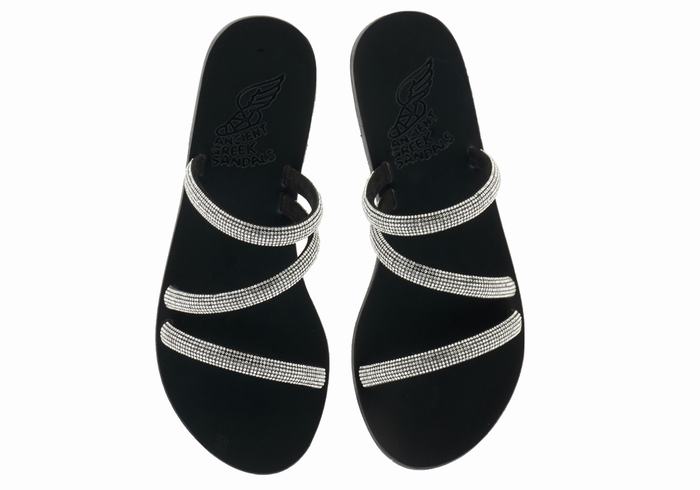 Women Ancient Greek Sandals Polytimi Diamante Slide Sandals Silver Black | JLL6013AZ