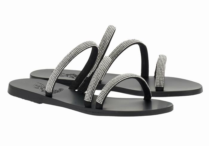 Women Ancient Greek Sandals Polytimi Diamante Slide Sandals Silver Black | JLL6013AZ