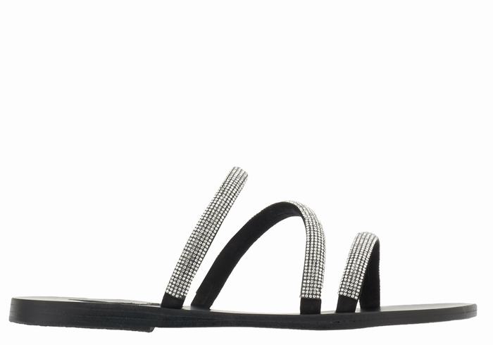 Women Ancient Greek Sandals Polytimi Diamante Slide Sandals Silver Black | JLL6013AZ