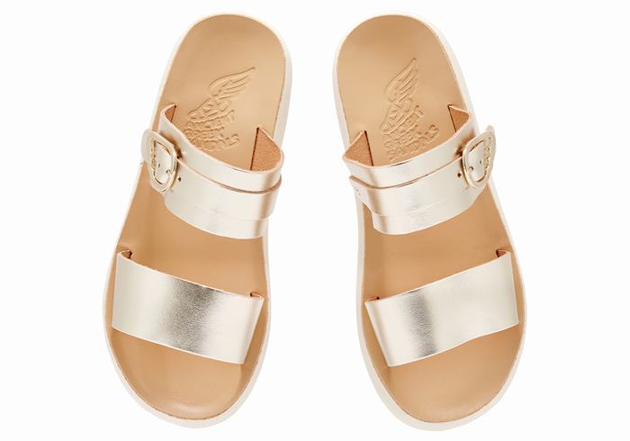 Women Ancient Greek Sandals Preveza Comfort Slide Sandals Gold White | VBZ9087NG