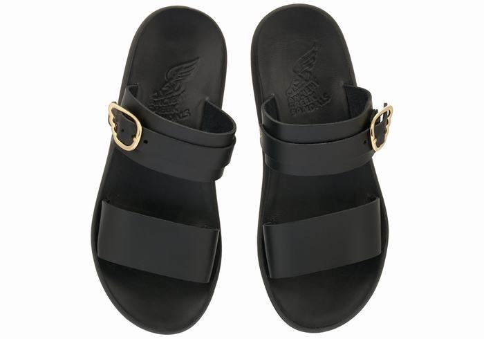 Women Ancient Greek Sandals Preveza Comfort Slide Sandals Black | PHH9529GM