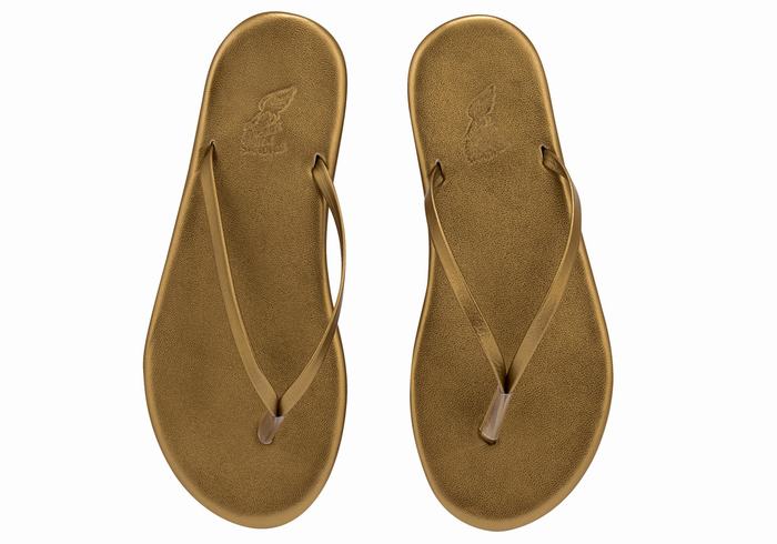 Women Ancient Greek Sandals Saionara Flip Flops Gold Brown | XPN3853WB