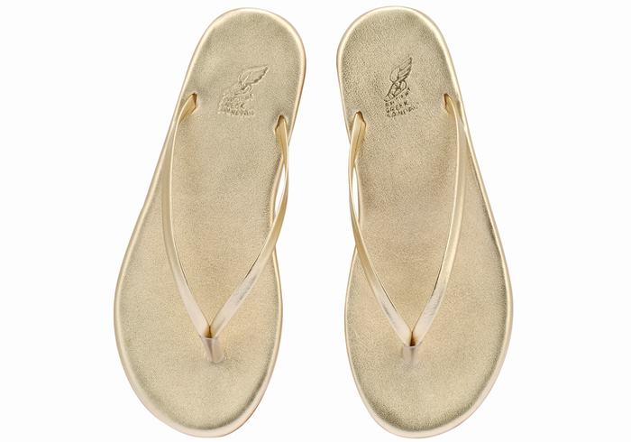 Women Ancient Greek Sandals Saionara Flip Flops Gold White | IKP5517AY