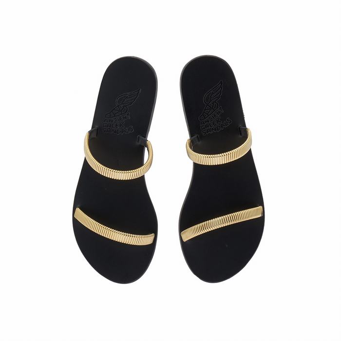 Women Ancient Greek Sandals Saita Slide Sandals Gold Black | CUV7228GG