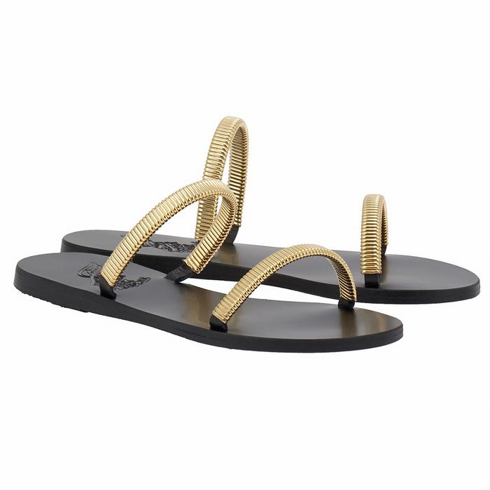 Women Ancient Greek Sandals Saita Slide Sandals Gold Black | CUV7228GG