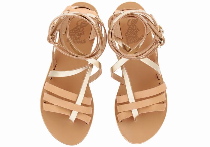 Women Ancient Greek Sandals Satira Leather Gladiator Sandals Beige Gold White | YBQ2466GH