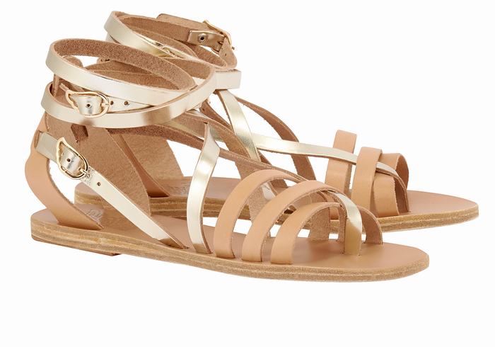 Women Ancient Greek Sandals Satira Leather Gladiator Sandals Beige Gold White | YBQ2466GH