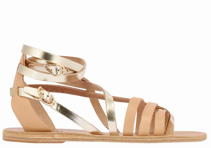 Women Ancient Greek Sandals Satira Leather Gladiator Sandals Beige Gold White | YBQ2466GH