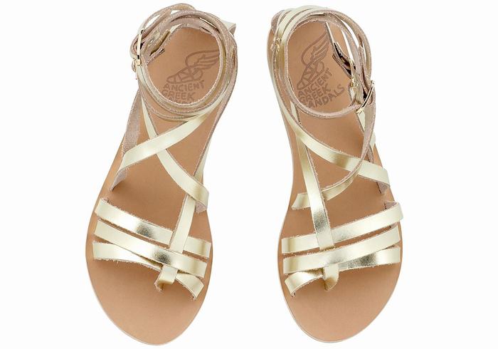 Women Ancient Greek Sandals Satira Leather Gladiator Sandals Gold White | XHW3482FQ