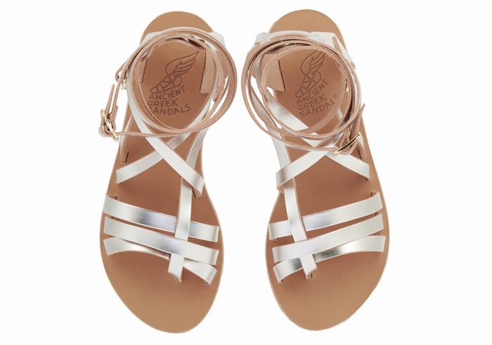 Women Ancient Greek Sandals Satira Leather Gladiator Sandals Silver | IOA4923MZ