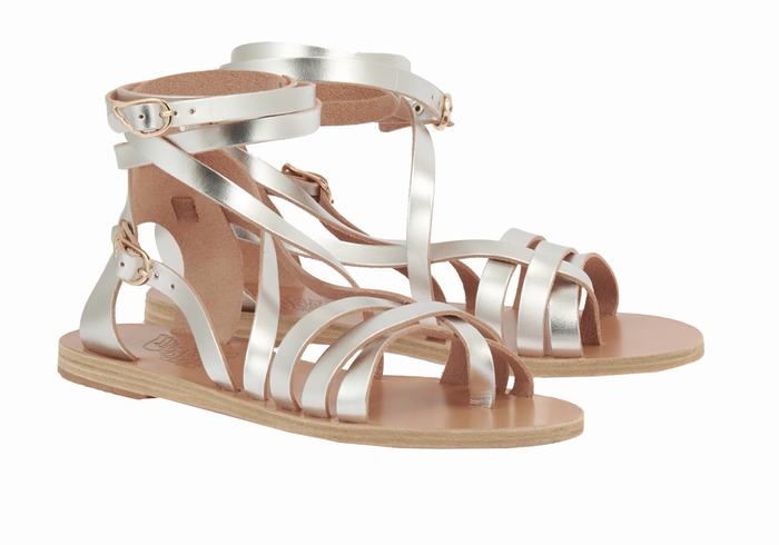 Women Ancient Greek Sandals Satira Leather Gladiator Sandals Silver | IOA4923MZ