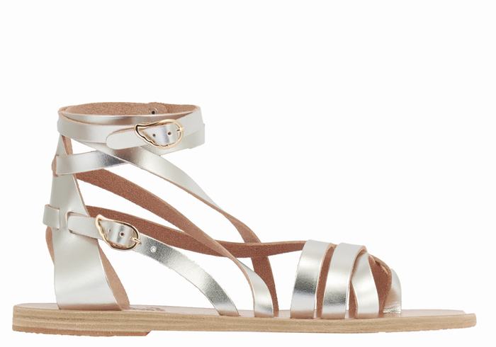 Women Ancient Greek Sandals Satira Leather Gladiator Sandals Silver | IOA4923MZ