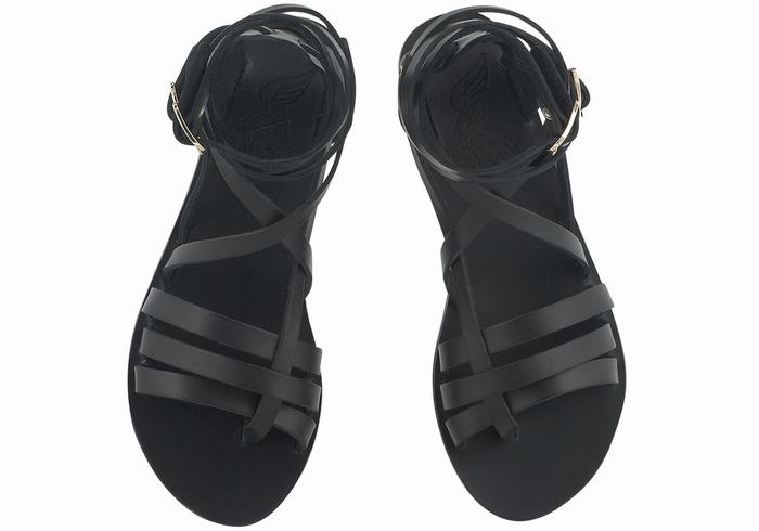 Women Ancient Greek Sandals Satira Leather Gladiator Sandals Black | RMT9650QQ