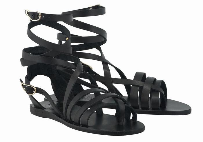 Women Ancient Greek Sandals Satira Leather Gladiator Sandals Black | RMT9650QQ