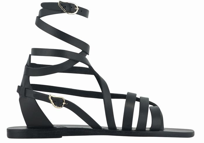 Women Ancient Greek Sandals Satira Leather Gladiator Sandals Black | RMT9650QQ