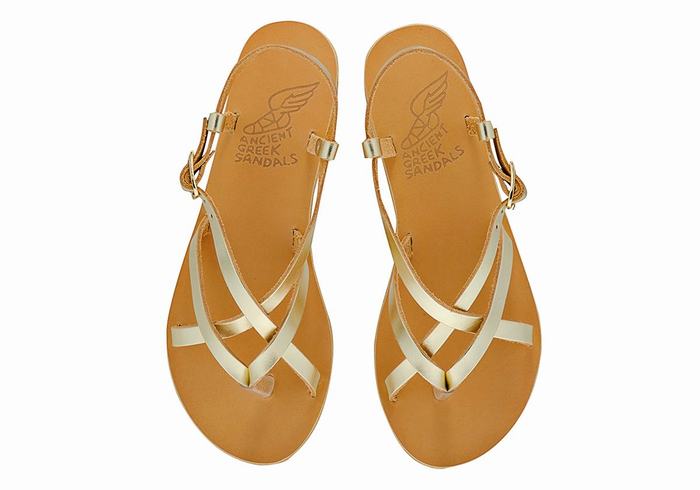 Women Ancient Greek Sandals Semele Leather Back-Strap Sandals Gold White | ANQ3868VX