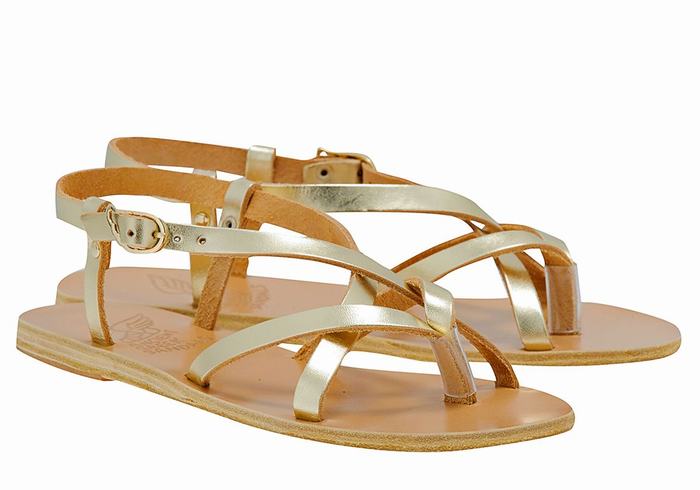 Women Ancient Greek Sandals Semele Leather Back-Strap Sandals Gold White | ANQ3868VX