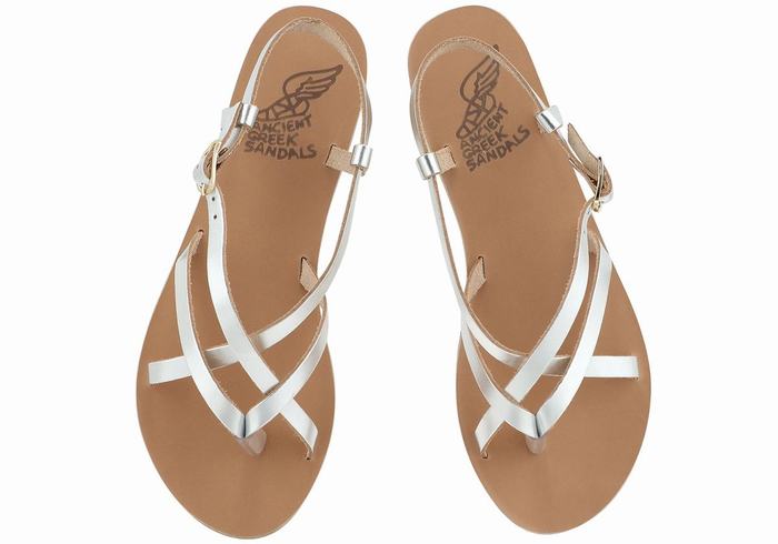 Women Ancient Greek Sandals Semele Leather Back-Strap Sandals Silver | LJG162IW