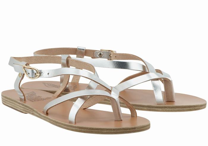 Women Ancient Greek Sandals Semele Leather Back-Strap Sandals Silver | LJG162IW