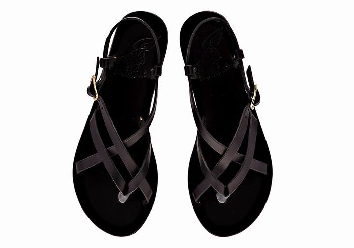 Women Ancient Greek Sandals Semele Leather Back-Strap Sandals Black | UBU3533WE