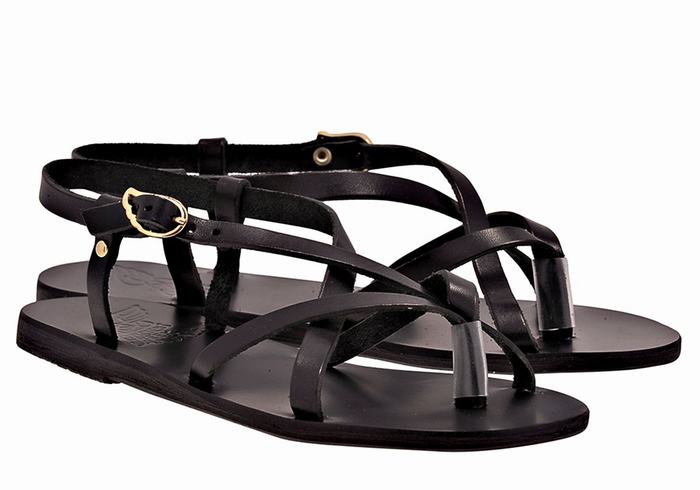 Women Ancient Greek Sandals Semele Leather Back-Strap Sandals Black | UBU3533WE