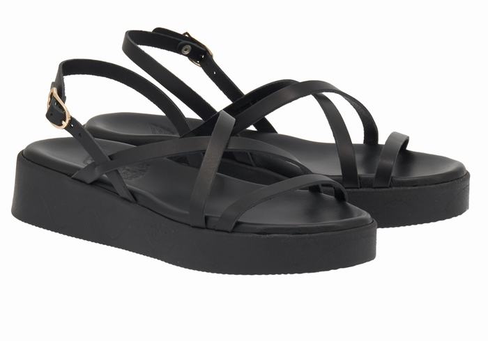 Women Ancient Greek Sandals Silia Leather Platform Sandals Black | HOT22100EX