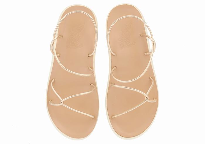 Women Ancient Greek Sandals Taxidi Comfort Back-Strap Sandals Gold White | UWR196NT