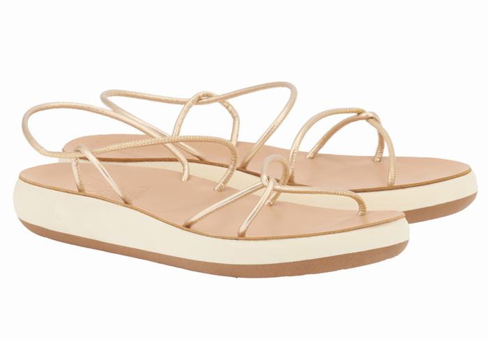 Women Ancient Greek Sandals Taxidi Comfort Back-Strap Sandals Gold White | UWR196NT