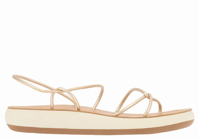 Women Ancient Greek Sandals Taxidi Comfort Back-Strap Sandals Gold White | UWR196NT