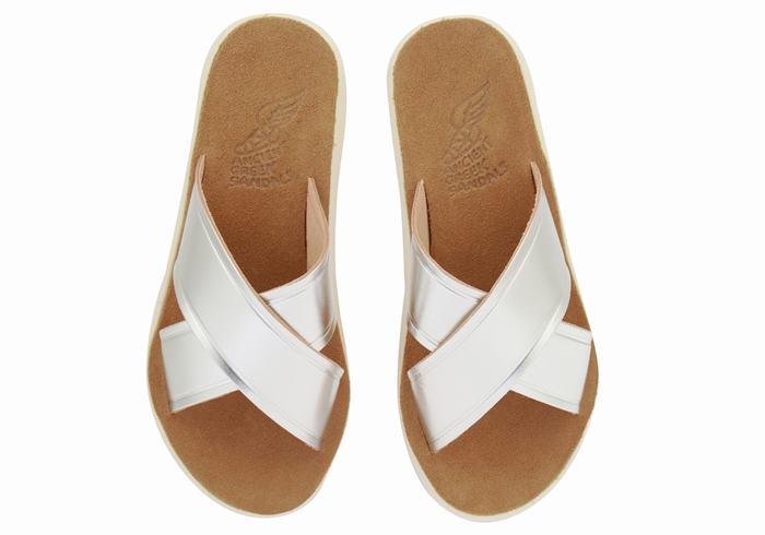 Women Ancient Greek Sandals Thais Comfort Slide Sandals Silver | QLW620KB