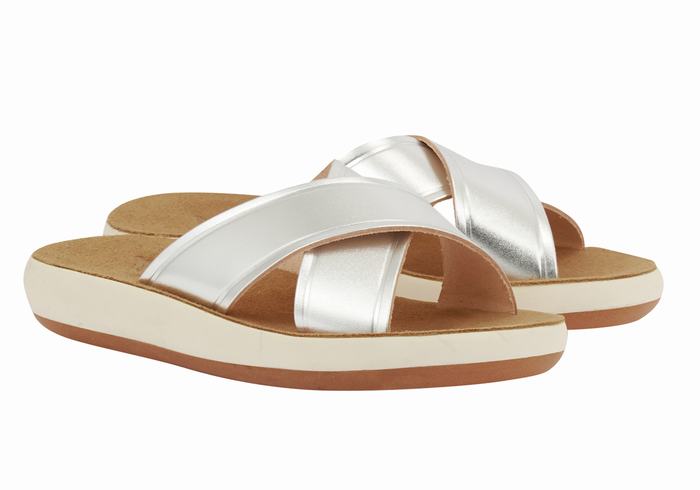 Women Ancient Greek Sandals Thais Comfort Slide Sandals Silver | QLW620KB