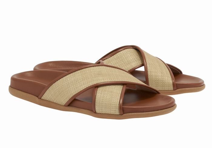 Women Ancient Greek Sandals Thais Footbed Slide Sandals Beige Brown | UAP4493JN