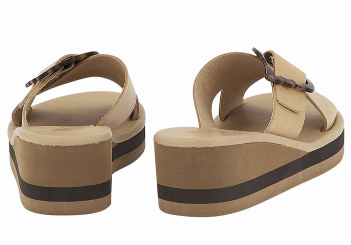 Women Ancient Greek Sandals Thais Rainbow Wedge Sandals Beige Black | TOV5388VO