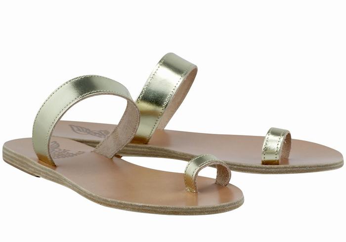 Women Ancient Greek Sandals Thalia Leather Toe-Post Sandals Gold White | WOH7563JV