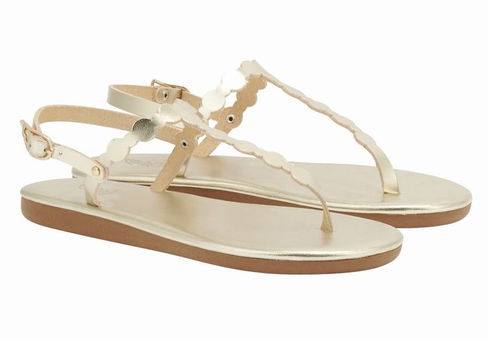 Women Ancient Greek Sandals Velos Flip Flop Back-Strap Sandals Gold White | FUX9889VZ