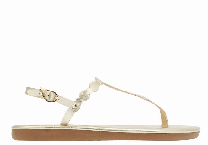 Women Ancient Greek Sandals Velos Flip Flop Back-Strap Sandals Gold White | FUX9889VZ